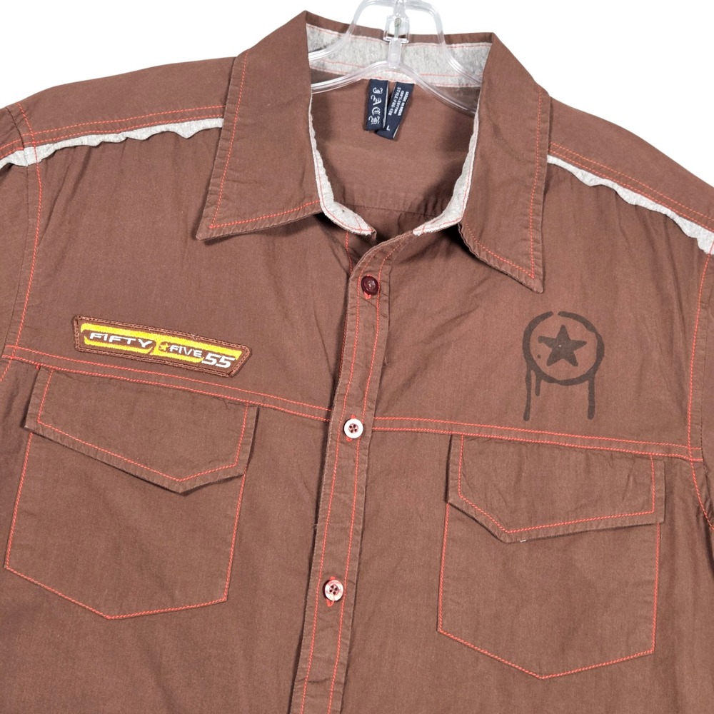 J.A.C.H.S Men Large Short Sleeve Button Down Shirt Brown Contrast Stitch Y2K
